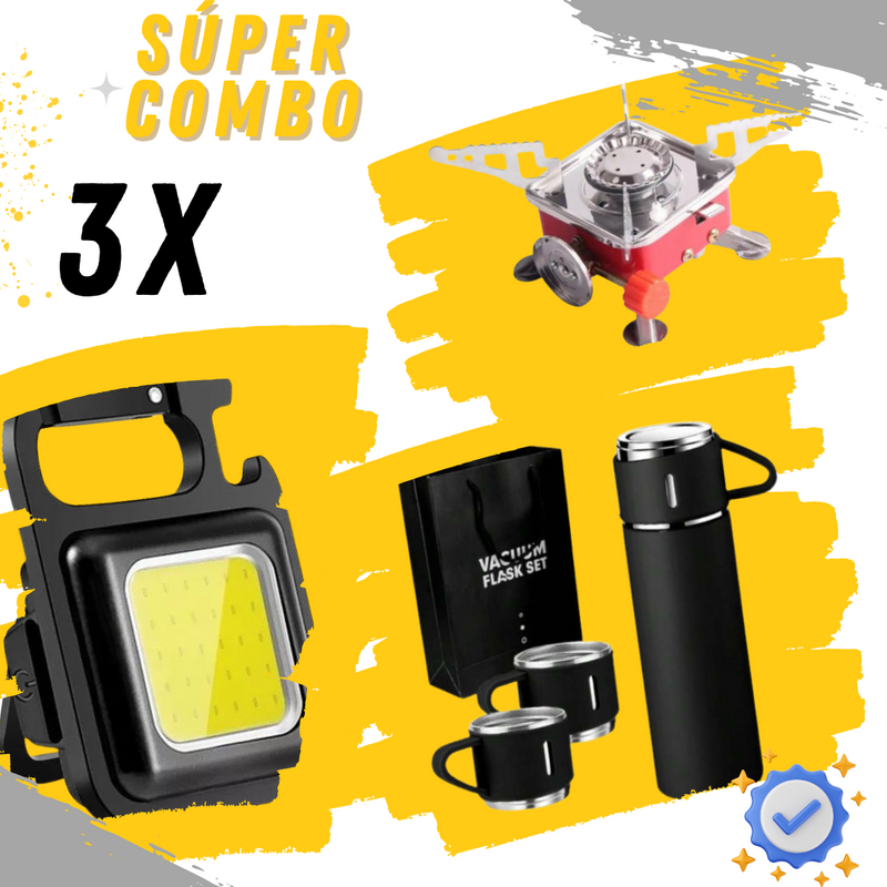 Combo 🌲 Termo Portátil Con Taza + Estufa Camping Portable + Mini Linterna Llavero Led