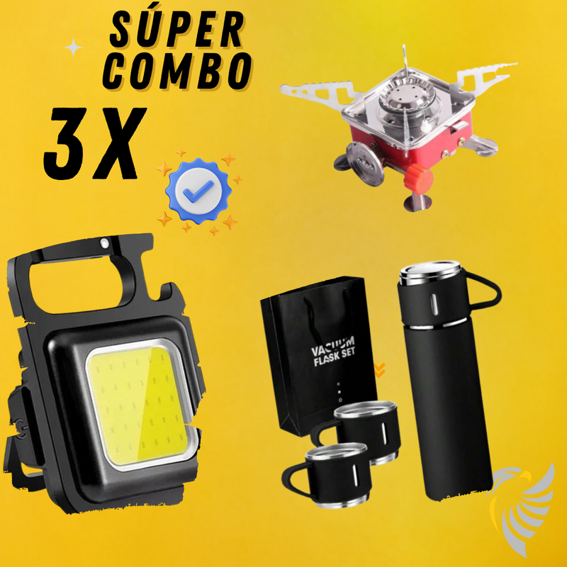 Combo 🌲 Termo Portátil Con Taza + Estufa Camping Portable + Mini Linterna Llavero Led